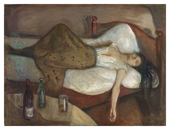 Dagen derpå (1894) ekspresjonistisk maleri av en ung kvinne med blek hud og langt mørkt hår, som ligger sovende i en rød seng.
© NASJONALMUSEET / Foto: Børre Høstland
